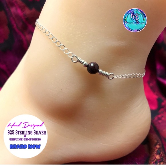 Garnet Sterling Silver Ankle Bracelet- Genuine Garnet Anklet - Picture 1 of 5